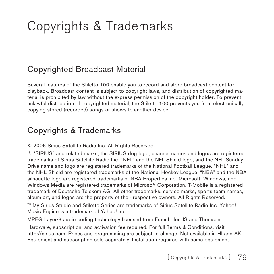 Copyrights & trademarks, Copyrighted broadcast material | Sirius Satellite Radio STILETTO 100 User Manual | Page 81 / 88