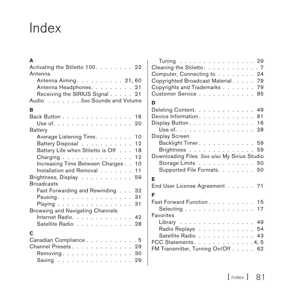 Index | Sirius Satellite Radio STILETTO 100 User Manual | Page 83 / 88