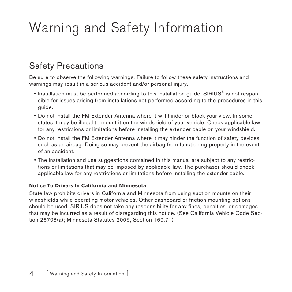 Warning and safety information, Safety precautions | Sirius Satellite Radio FEA FM Extender Antenna User Manual | Page 4 / 22