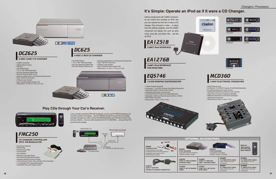 Dcz625, Dc625, Fmc250 | Mcd360, Ea1251b, Eqs746, Ea1276b, Play cds through your car’s receiver, Optional accessories, Changers / processors | Sirius Satellite Radio Satellite Radio User Manual | Page 2 / 2