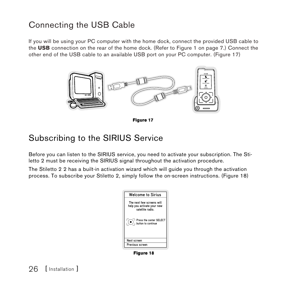 Connecting the usb cable, Subscribing to the sirius service | Sirius Satellite Radio SLH2 User Manual | Page 26 / 45