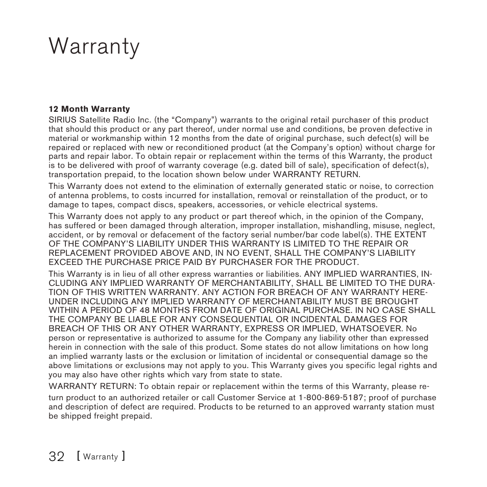 Warranty | Sirius Satellite Radio SLH2 User Manual | Page 32 / 45