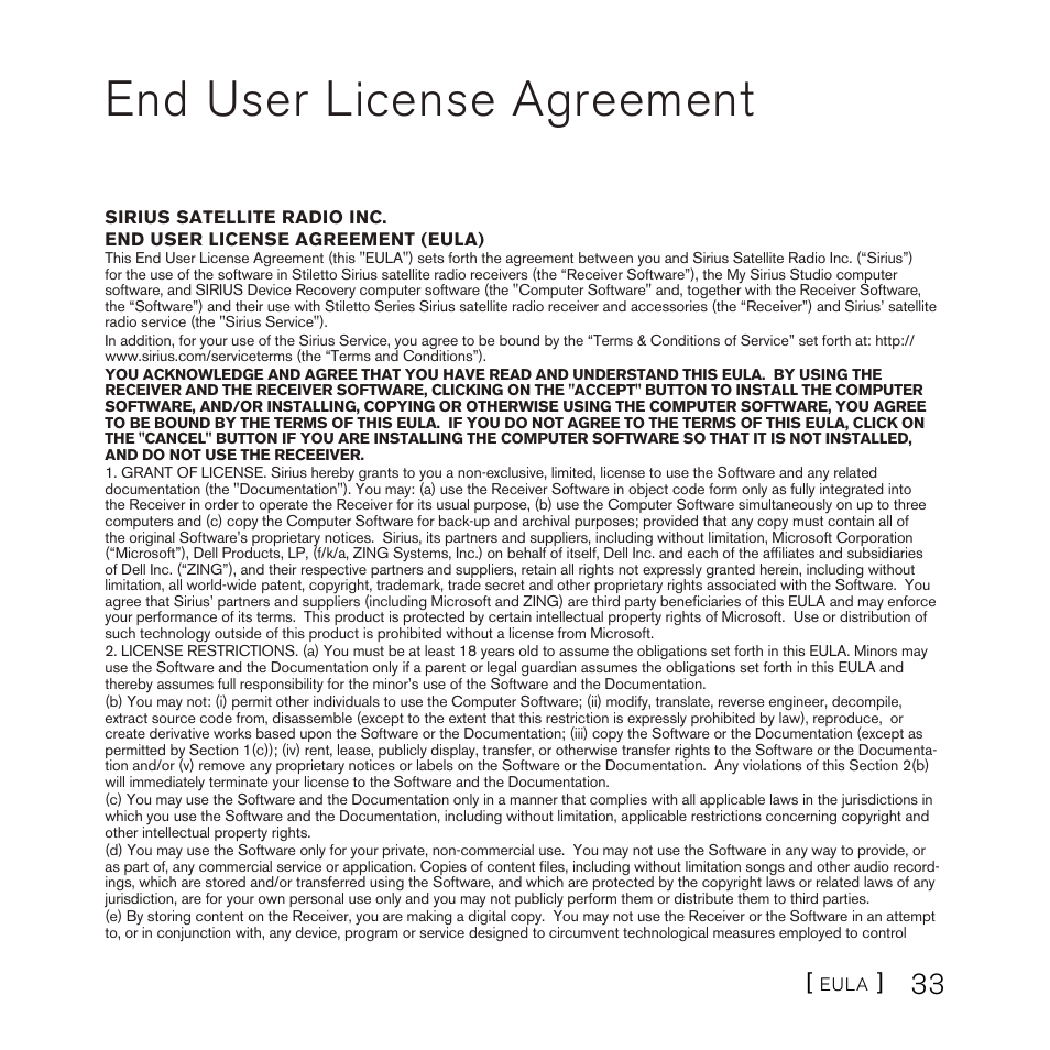 End user license agreement | Sirius Satellite Radio SLH2 User Manual | Page 33 / 45