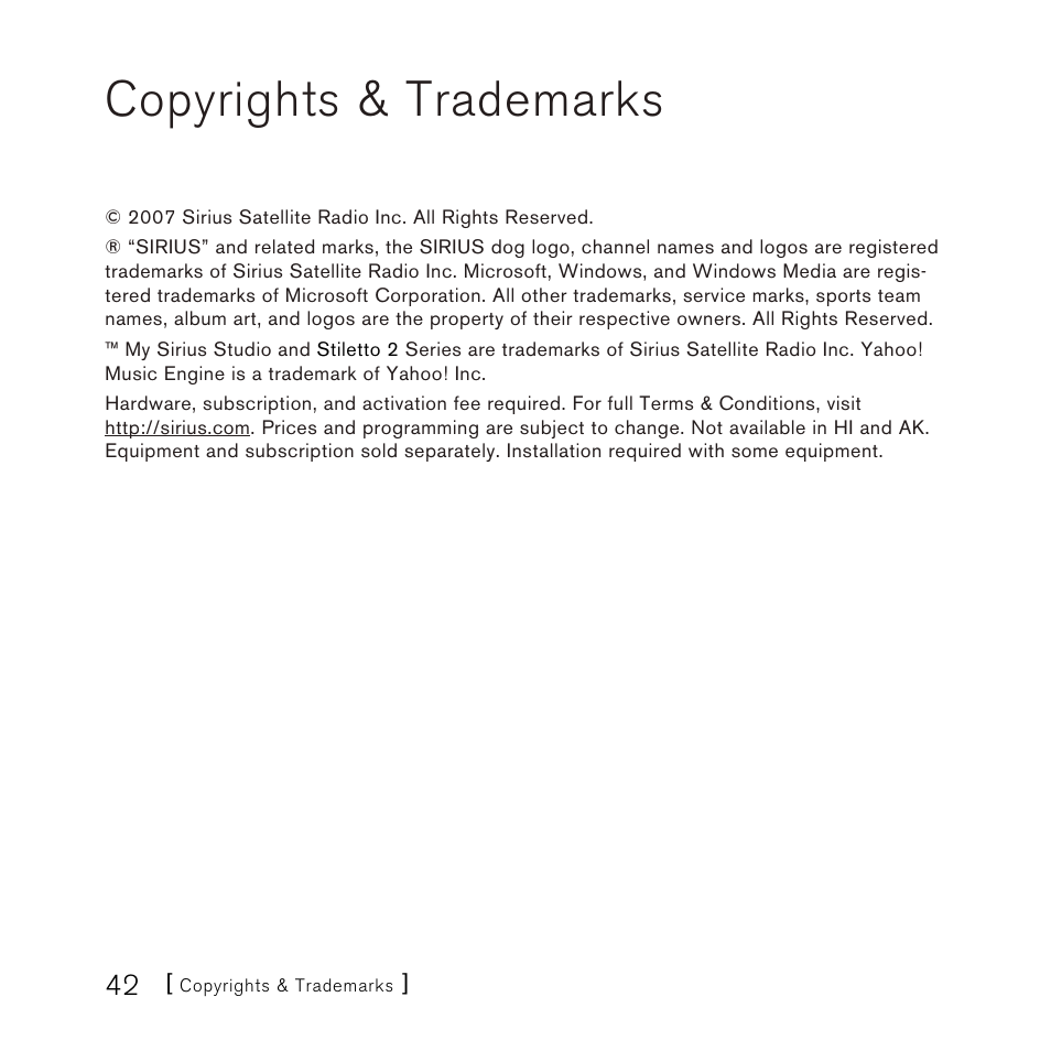 Copyrights & trademarks | Sirius Satellite Radio SLH2 User Manual | Page 42 / 45