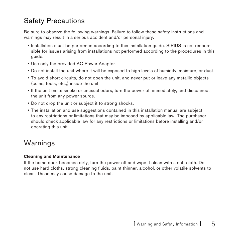 Safety precautions, Warnings | Sirius Satellite Radio SLH2 User Manual | Page 5 / 45