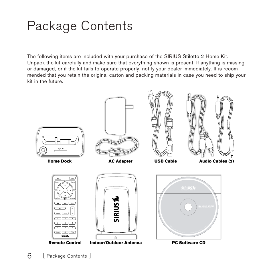 Package contents, Home dock | Sirius Satellite Radio SLH2 User Manual | Page 6 / 45