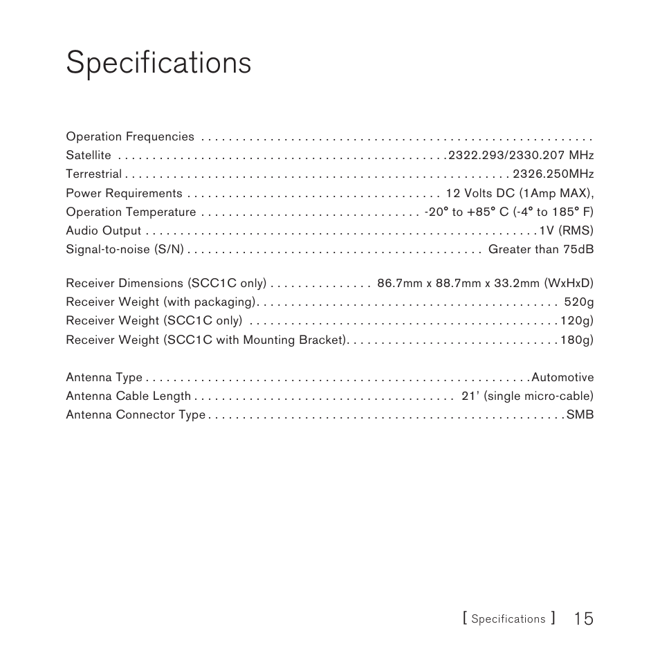 Specifications | Sirius Satellite Radio SCC1C User Manual | Page 15 / 20