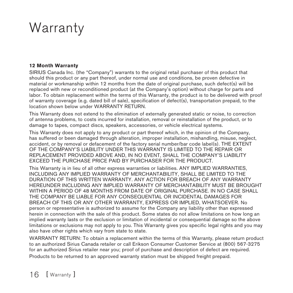 Warranty | Sirius Satellite Radio SCC1C User Manual | Page 16 / 20