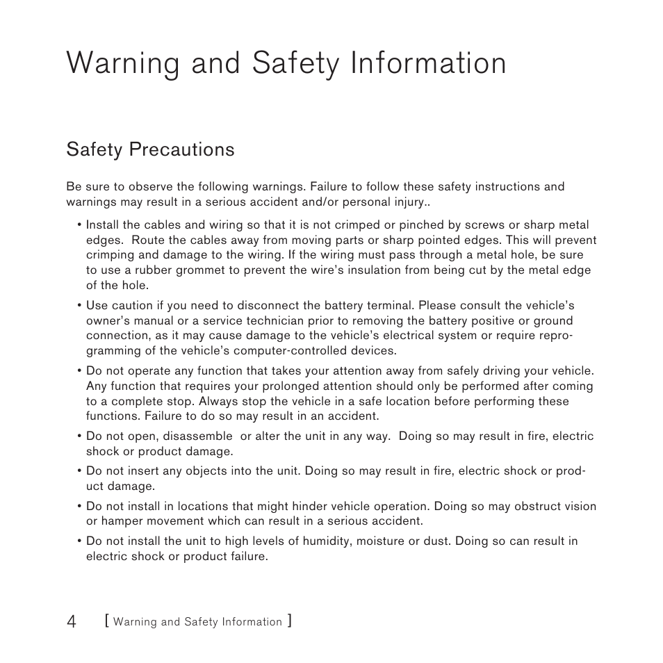 Warning and safety information, Safety precautions | Sirius Satellite Radio SCC1C User Manual | Page 4 / 20