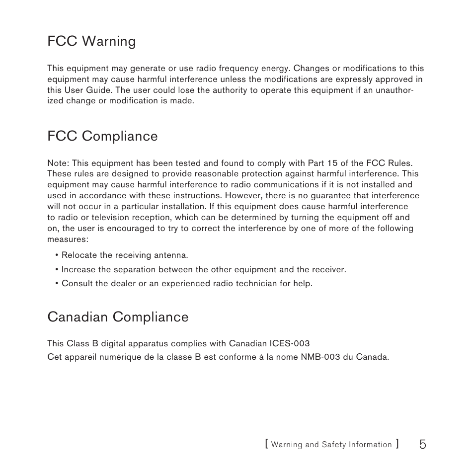 Fcc warning, Fcc compliance, Canadian compliance | Sirius Satellite Radio SCC1C User Manual | Page 5 / 20