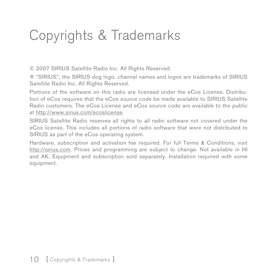 Copyrights & trademarks | Sirius Satellite Radio SIRIUS InV2 User Manual | Page 10 / 84