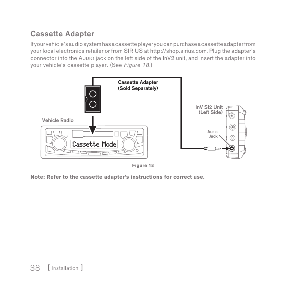 Cassette adapter, Cassette mode | Sirius Satellite Radio SIRIUS InV2 User Manual | Page 38 / 84