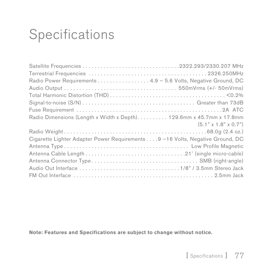 Specifications | Sirius Satellite Radio SIRIUS InV2 User Manual | Page 77 / 84