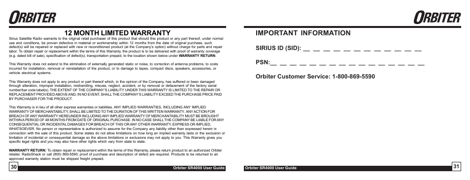 Important information, 12 month limited warranty | Sirius Satellite Radio Orbiter SR4000 User Manual | Page 16 / 16