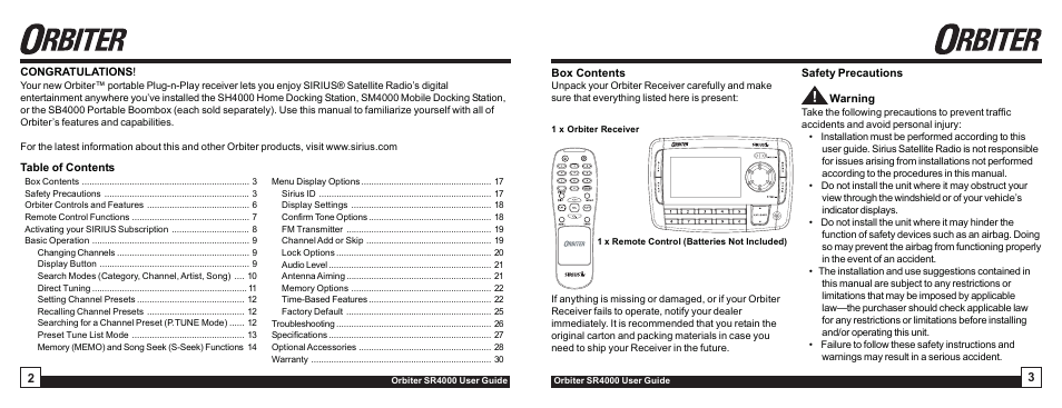 Sirius Satellite Radio Orbiter SR4000 User Manual | Page 2 / 16