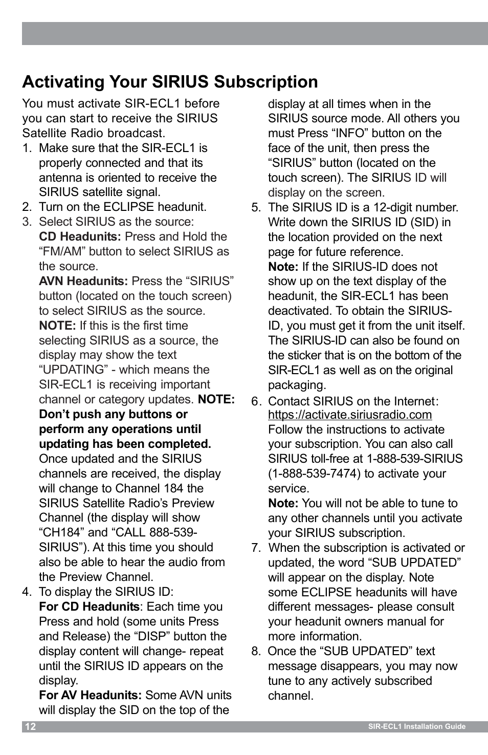 Activating your sirius subscription | Sirius Satellite Radio SIR-ECL1 User Manual | Page 12 / 16