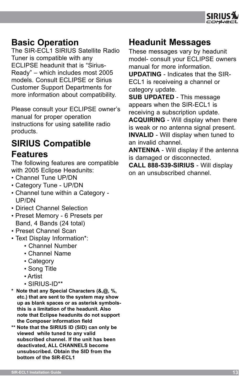 Headunit messages, Basic operation, Sirius compatible features | Sirius Satellite Radio SIR-ECL1 User Manual | Page 13 / 16