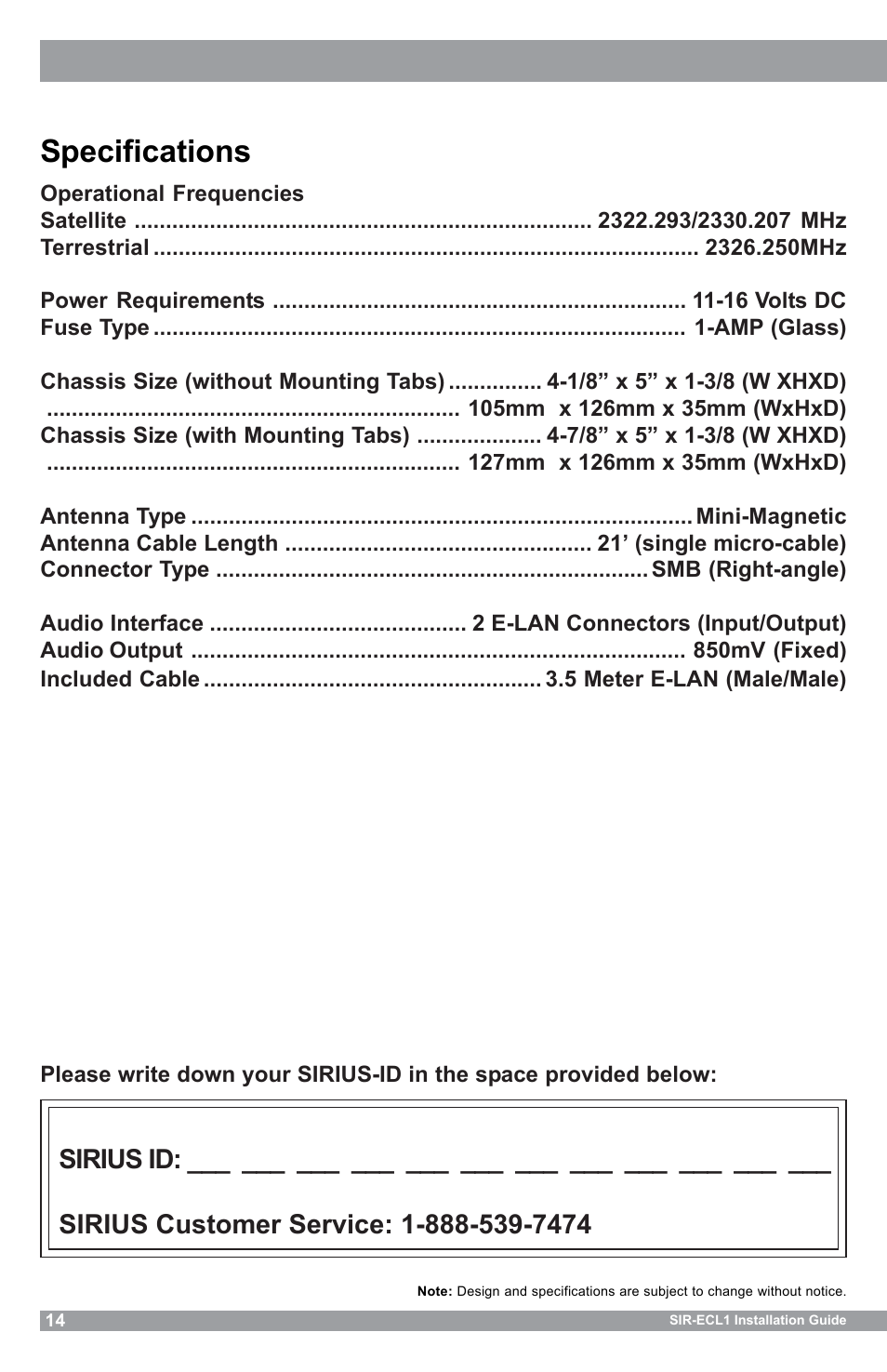 Specifications | Sirius Satellite Radio SIR-ECL1 User Manual | Page 14 / 16