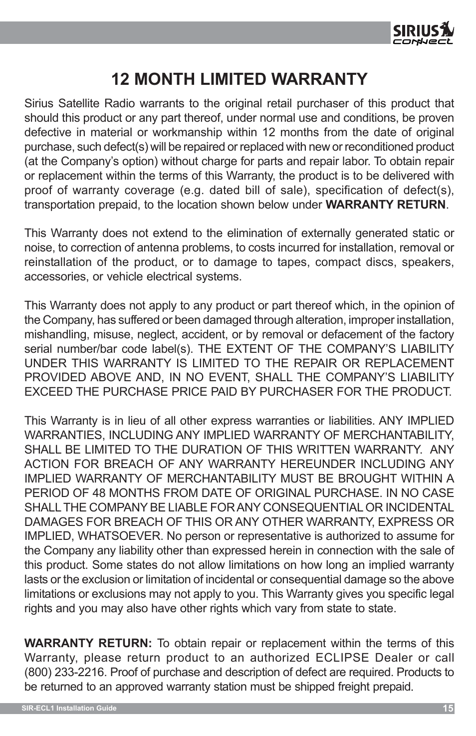 12 month limited warranty | Sirius Satellite Radio SIR-ECL1 User Manual | Page 15 / 16