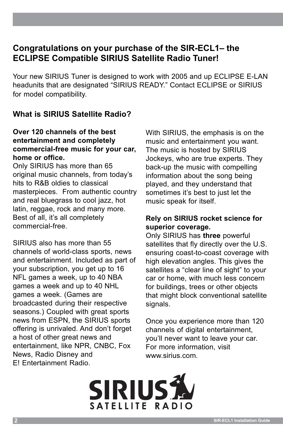 Sirius Satellite Radio SIR-ECL1 User Manual | Page 2 / 16