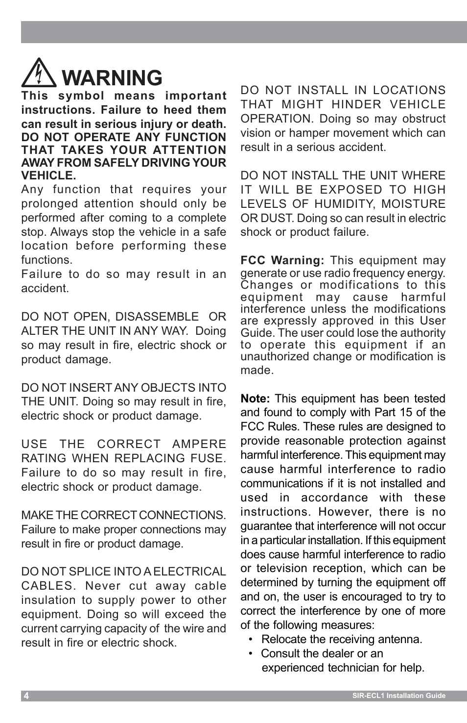 Warning | Sirius Satellite Radio SIR-ECL1 User Manual | Page 4 / 16