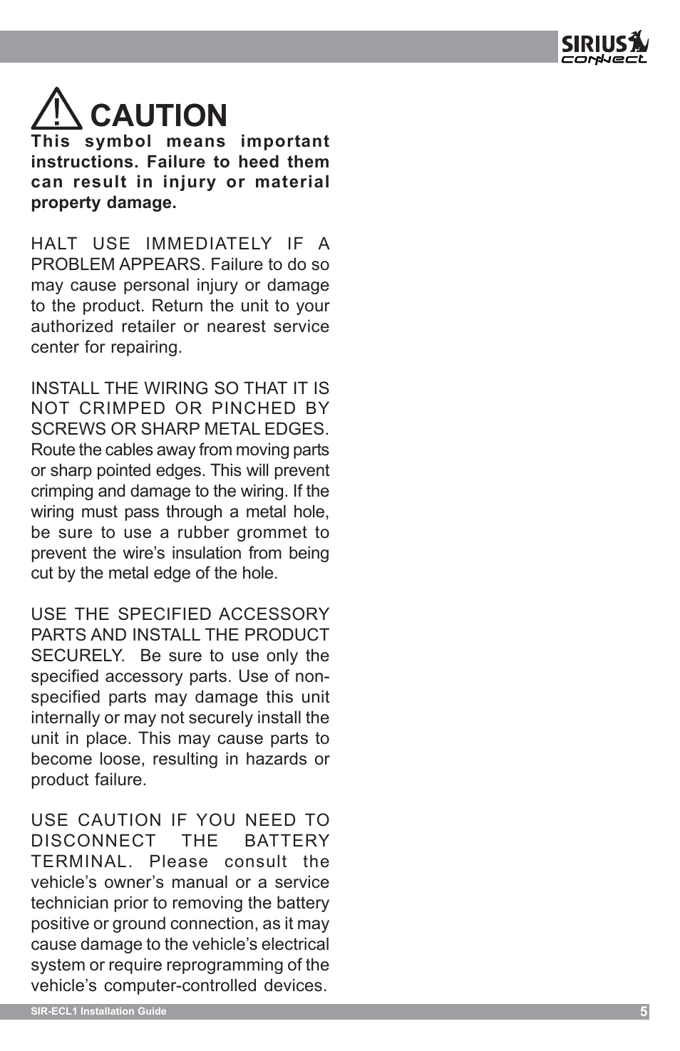 Caution | Sirius Satellite Radio SIR-ECL1 User Manual | Page 5 / 16