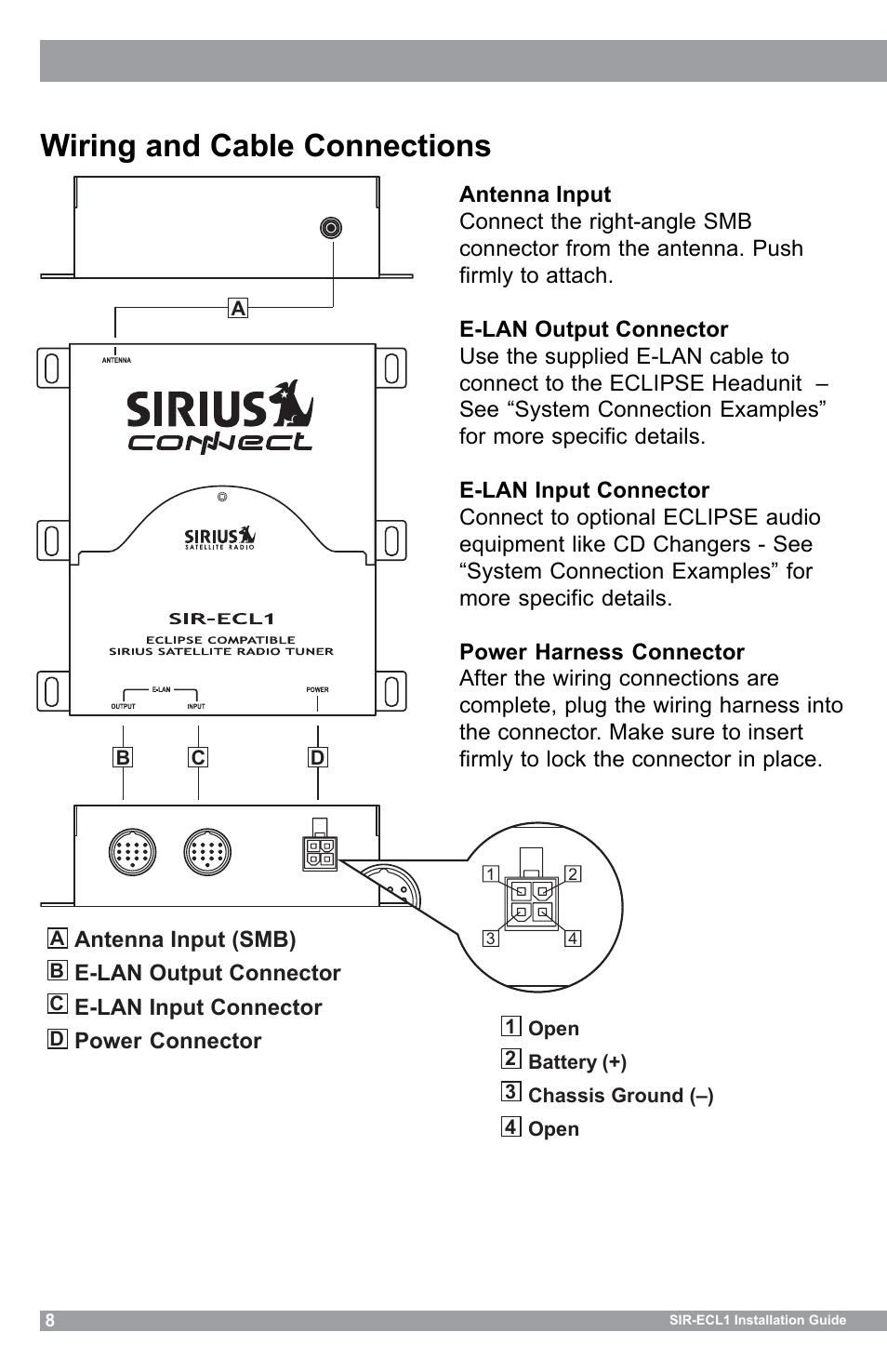 Wiring and cable connections | Sirius Satellite Radio SIR-ECL1 User Manual | Page 8 / 16