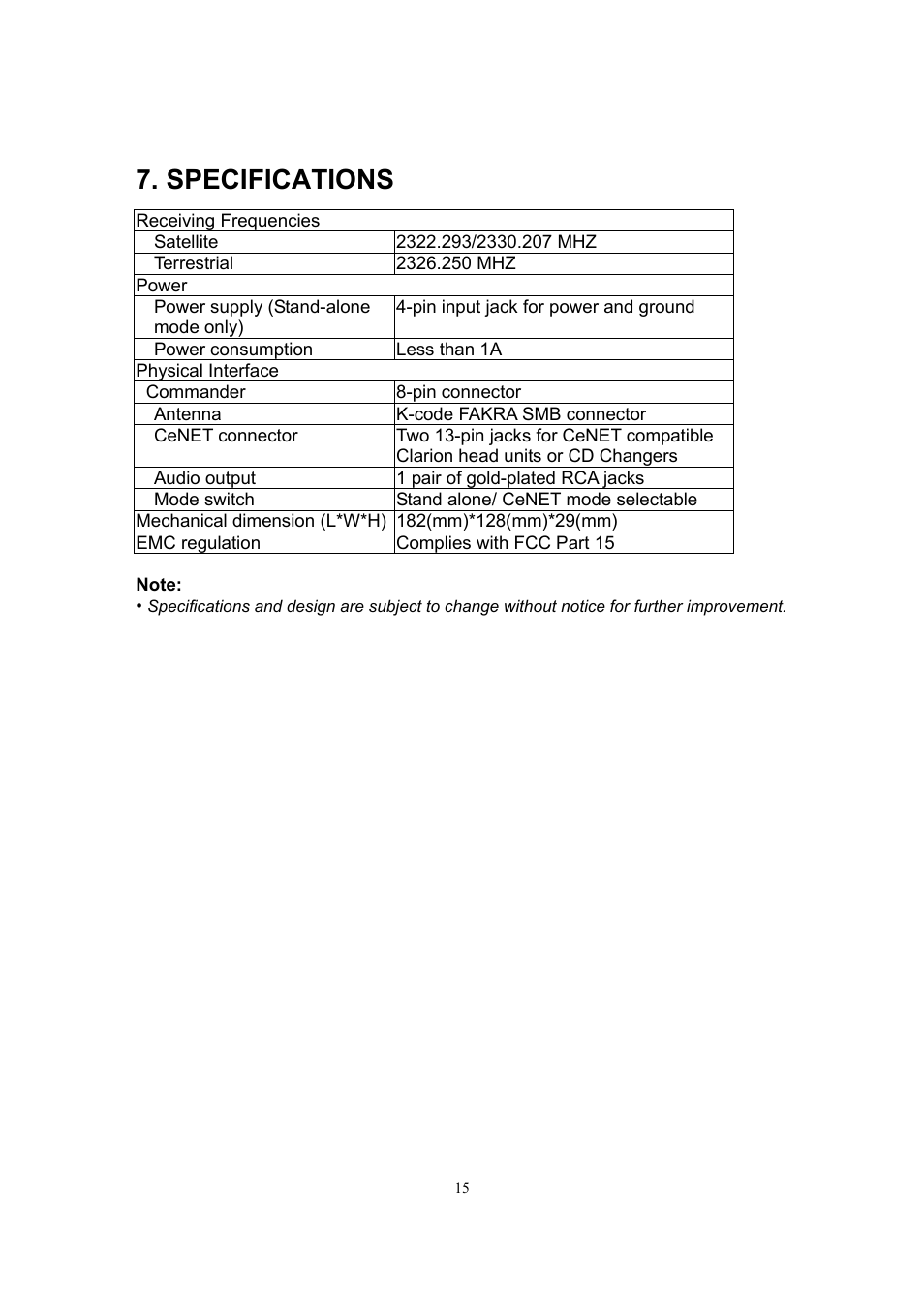 Specifications | Sirius Satellite Radio SIR-CL1 User Manual | Page 16 / 16