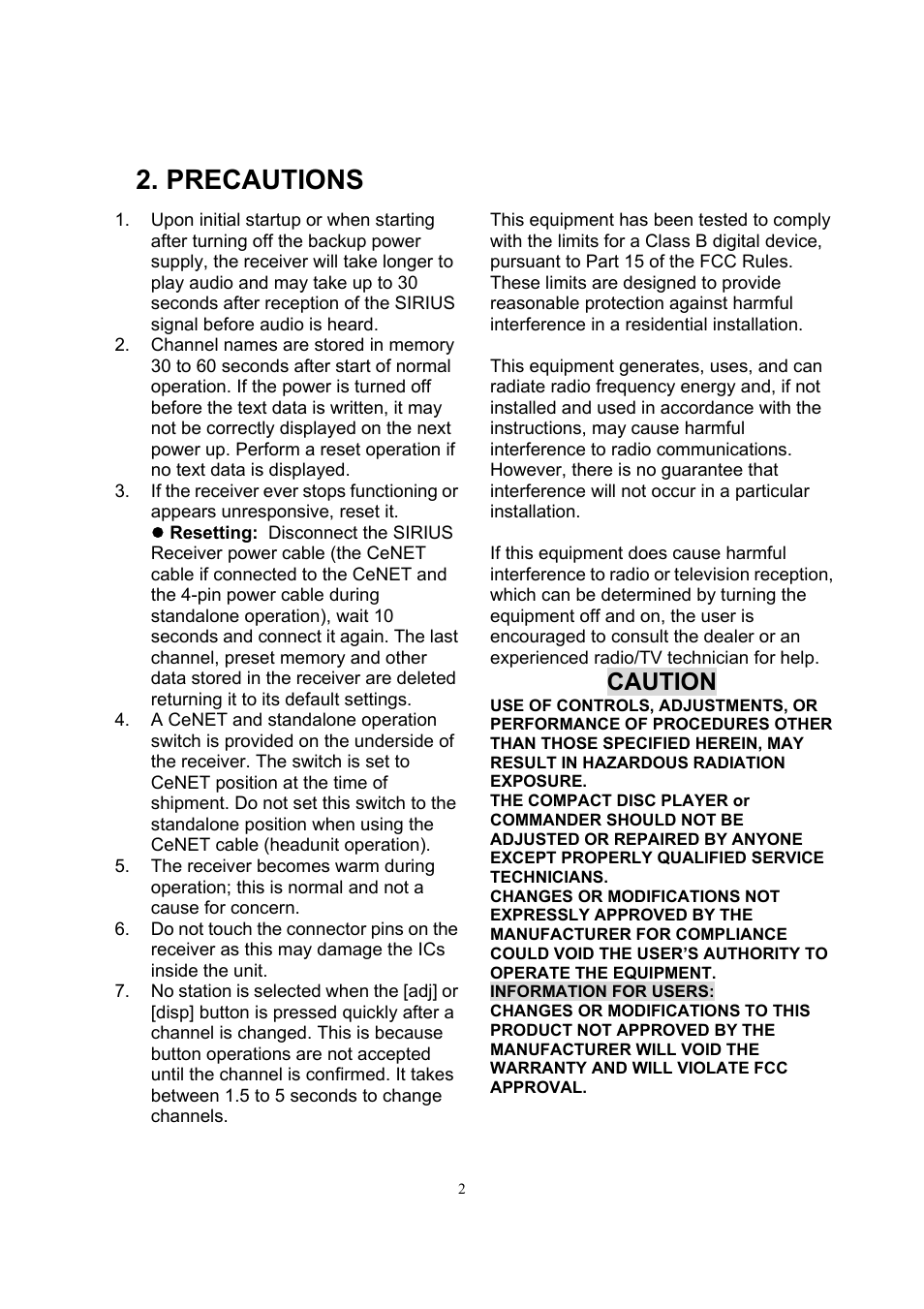 Precautions, Caution | Sirius Satellite Radio SIR-CL1 User Manual | Page 3 / 16