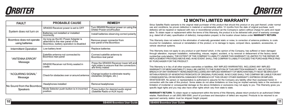 12 month limited warranty | Sirius Satellite Radio SB4000 User Manual | Page 6 / 6