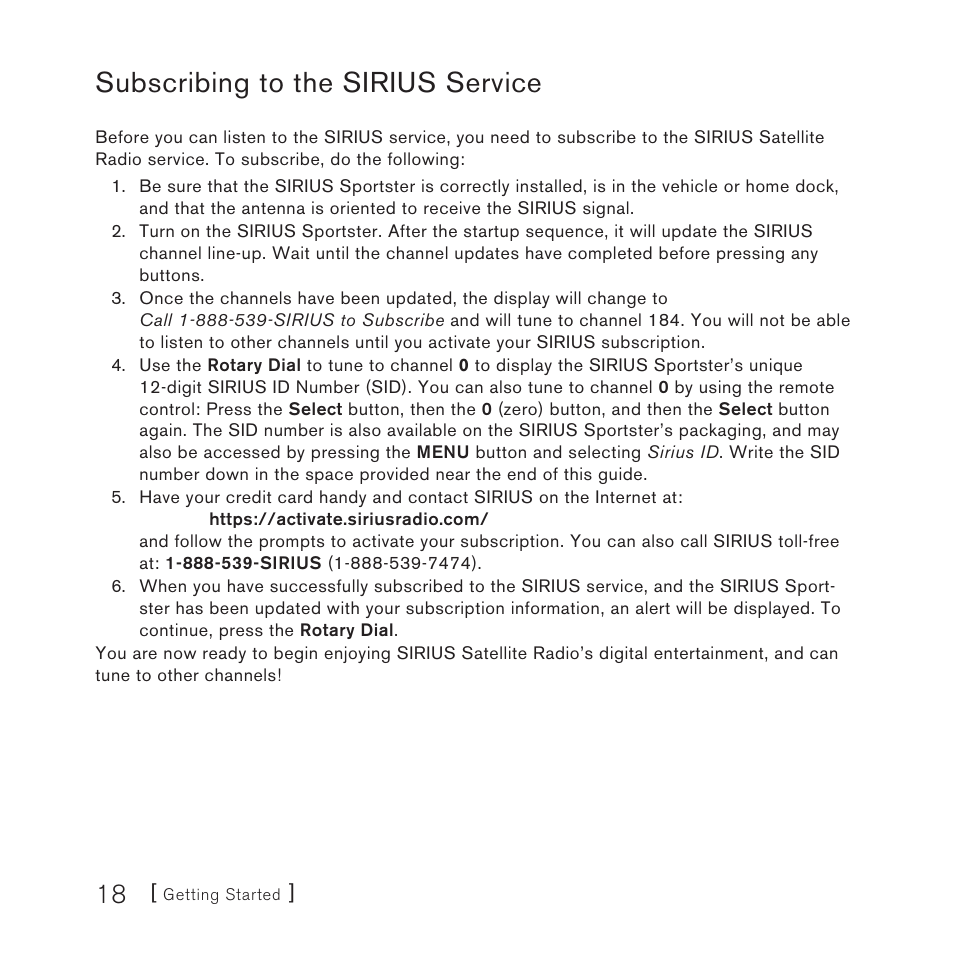 Subscribing to the sirius service | Sirius Satellite Radio 3 User Manual | Page 20 / 58