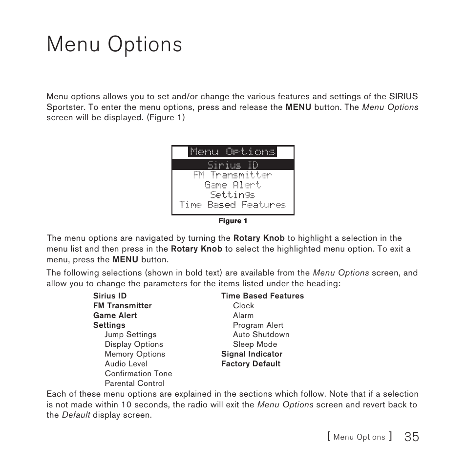 Menu options | Sirius Satellite Radio 3 User Manual | Page 37 / 58