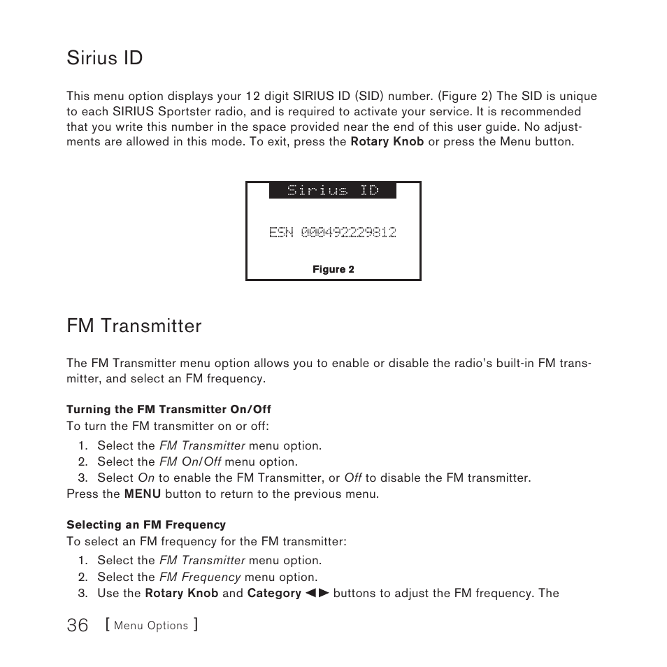 Sirius id, Fm transmitter | Sirius Satellite Radio 3 User Manual | Page 38 / 58