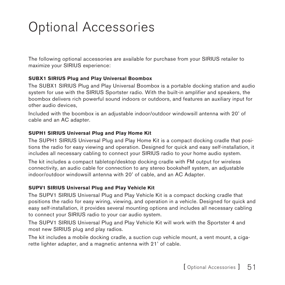 Optional accessories | Sirius Satellite Radio 3 User Manual | Page 53 / 58