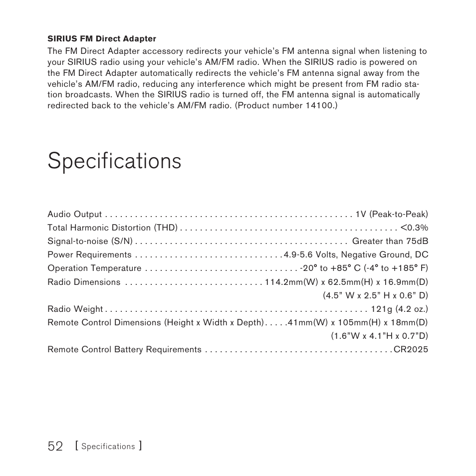 Specifications | Sirius Satellite Radio 3 User Manual | Page 54 / 58