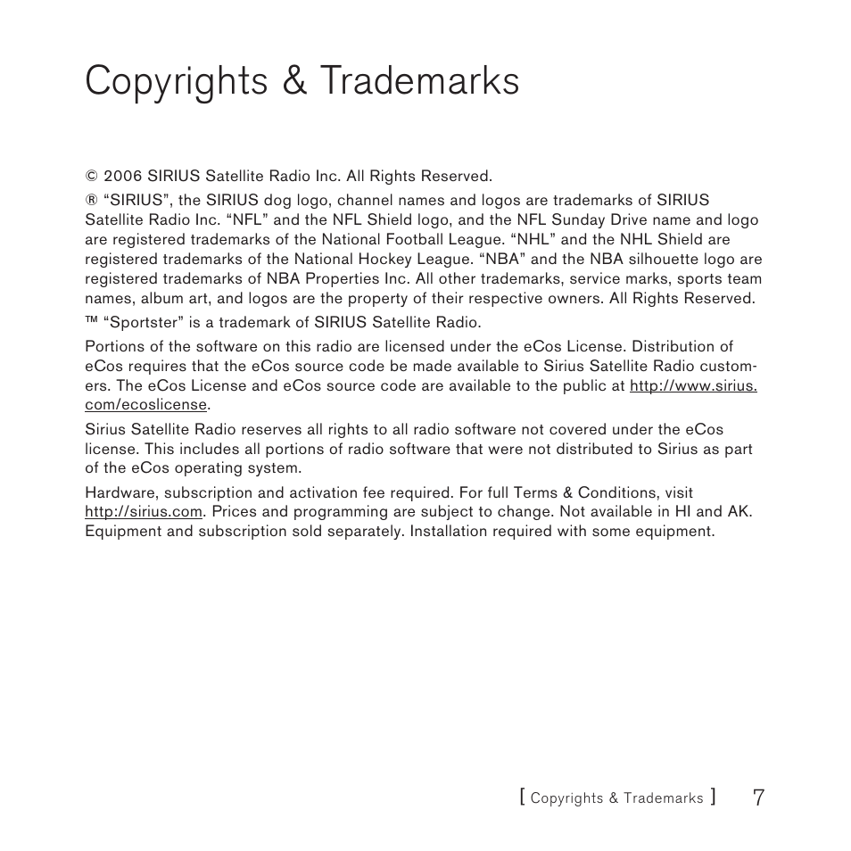 Copyrights & trademarks | Sirius Satellite Radio 3 User Manual | Page 9 / 58