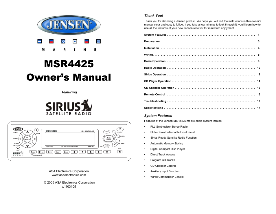 Sirius Satellite Radio MSR4425 User Manual | 19 pages