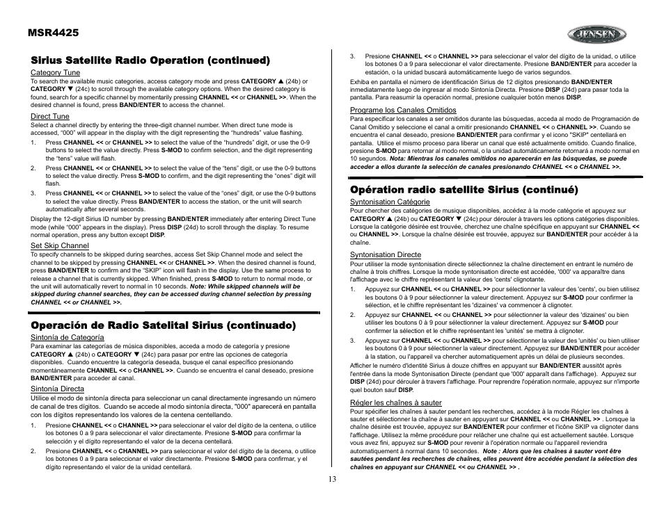 Sirius satellite radio operation (continued), Operación de radio satelital sirius (continuado), Opération radio satellite sirius (continué) | Msr4425 | Sirius Satellite Radio MSR4425 User Manual | Page 13 / 19