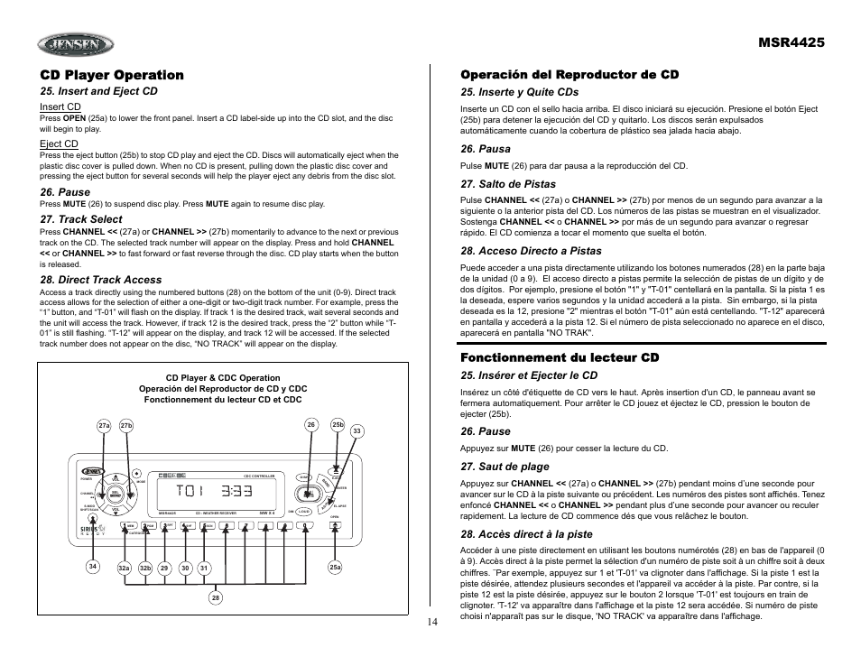 Cd player operation, Insert and eject cd, Pause | Track select, Direct track access, Operación del reproductor de cd, Inserte y quite cds, Pausa, Salto de pistas, Acceso directo a pistas | Sirius Satellite Radio MSR4425 User Manual | Page 14 / 19