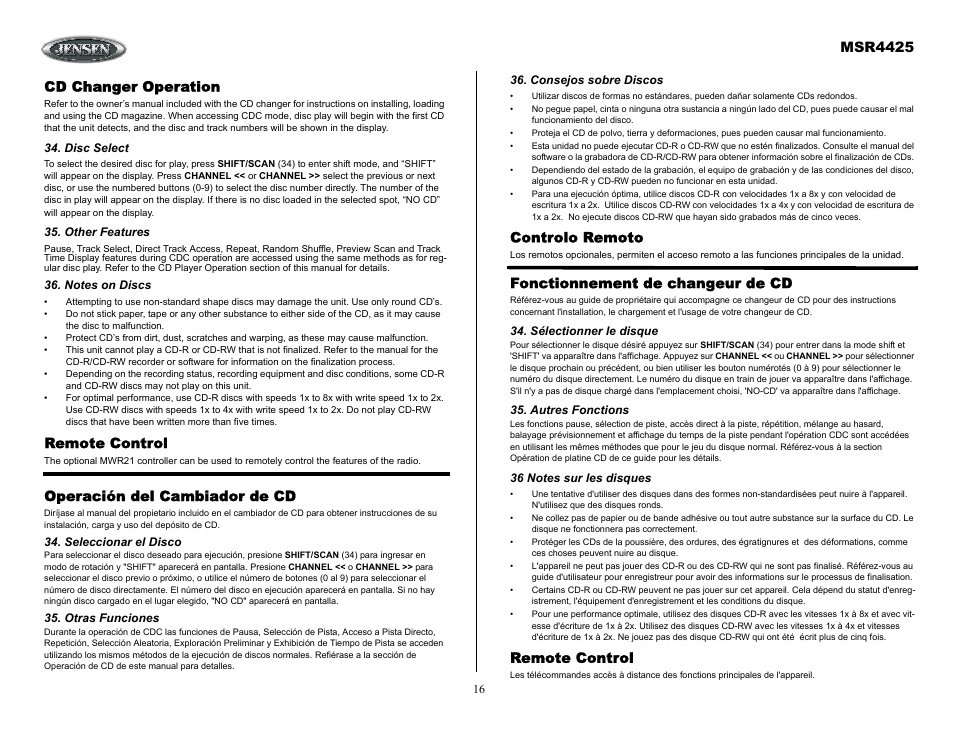 Cd changer operation, Disc select, Other features | Notes on discs, Remote control, Operación del cambiador de cd, Otras funciones, Consejos sobre discos, Controlo remoto, Fonctionnement de changeur de cd | Sirius Satellite Radio MSR4425 User Manual | Page 16 / 19
