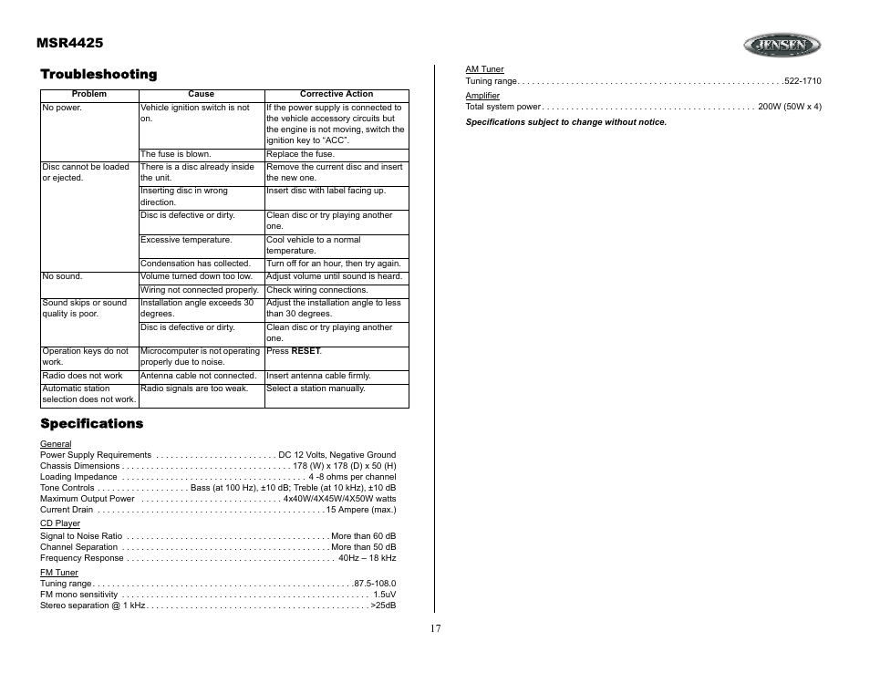 Troubleshooting, Msr4425, Troubleshooting specifications | Sirius Satellite Radio MSR4425 User Manual | Page 17 / 19