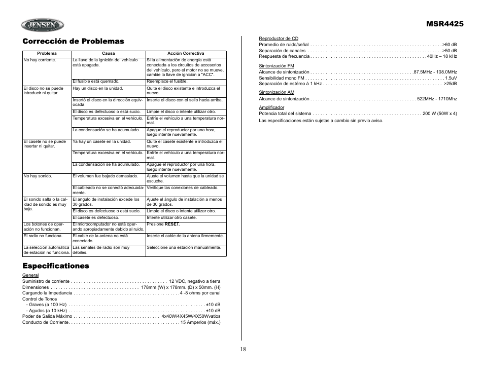 Msr4425, Corrección de problemas especificationes | Sirius Satellite Radio MSR4425 User Manual | Page 18 / 19