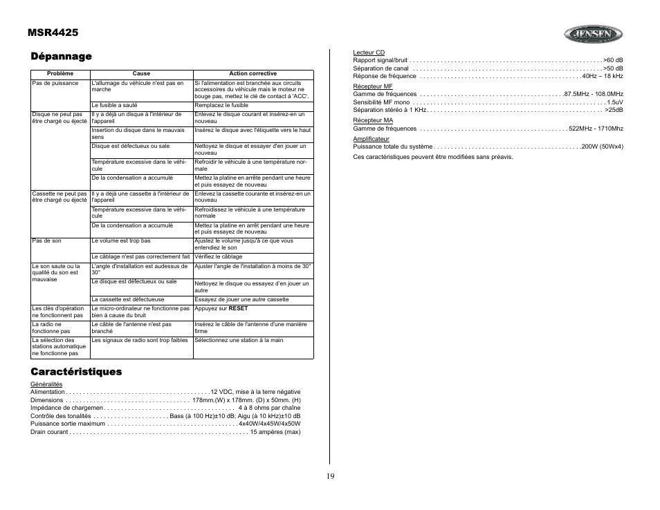Msr4425, Dépannage caractéristiques | Sirius Satellite Radio MSR4425 User Manual | Page 19 / 19
