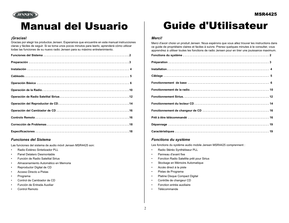 Funciones del sistema, Merci, Fonctions du système | Manual del usuario guide d'utilisateur, Msr4425 | Sirius Satellite Radio MSR4425 User Manual | Page 2 / 19