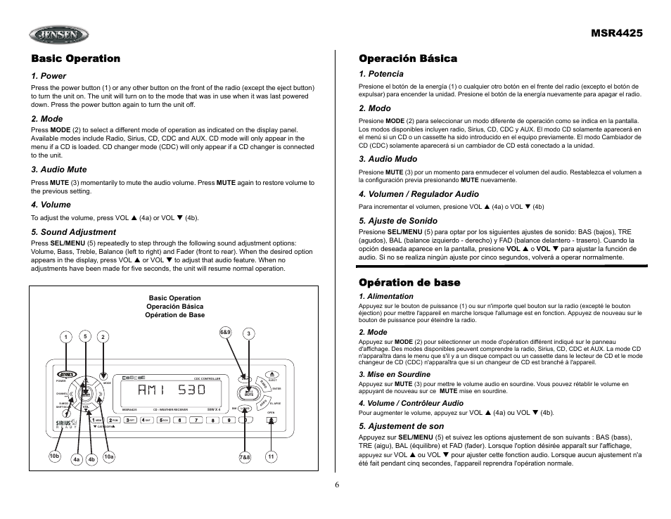 Basic operation, Power, Mode | Audio mute, Volume, Sound adjustment, Operación básica, Potencia, Modo, Audio mudo | Sirius Satellite Radio MSR4425 User Manual | Page 6 / 19