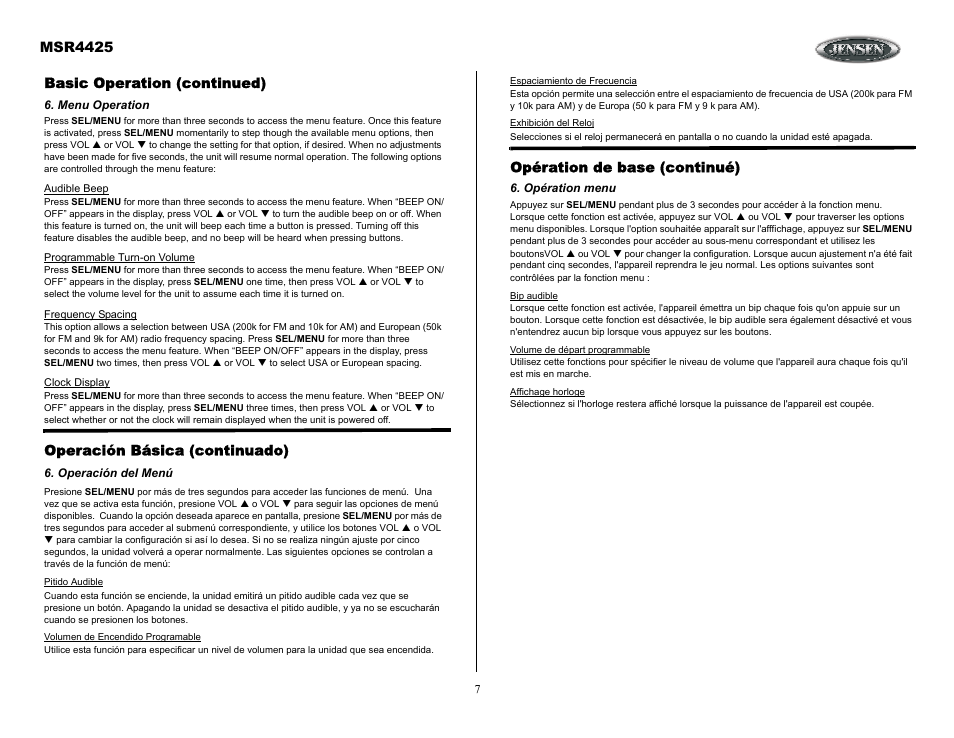 Opération menu, Basic operation (continued), Menu operation | Operación básica (continuado), Operación del menú, Msr4425, Opération de base (continué) | Sirius Satellite Radio MSR4425 User Manual | Page 7 / 19