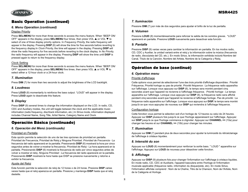 Basic operation (continued), Menu operation (continued), Illumination | Loudness, Display, Operación básica (continuado), Operación del menú (continuado), Iluminación, Volumen, Pantalla | Sirius Satellite Radio MSR4425 User Manual | Page 8 / 19