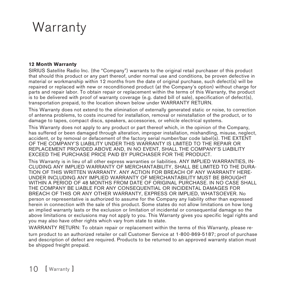 Warranty | Sirius Satellite Radio FMDA25 User Manual | Page 10 / 12