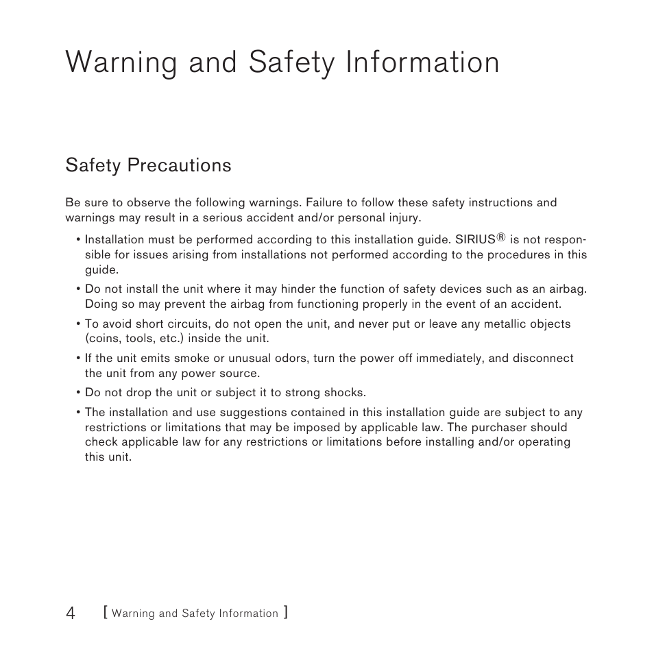 Warning and safety information, Safety precautions | Sirius Satellite Radio FMDA25 User Manual | Page 4 / 12