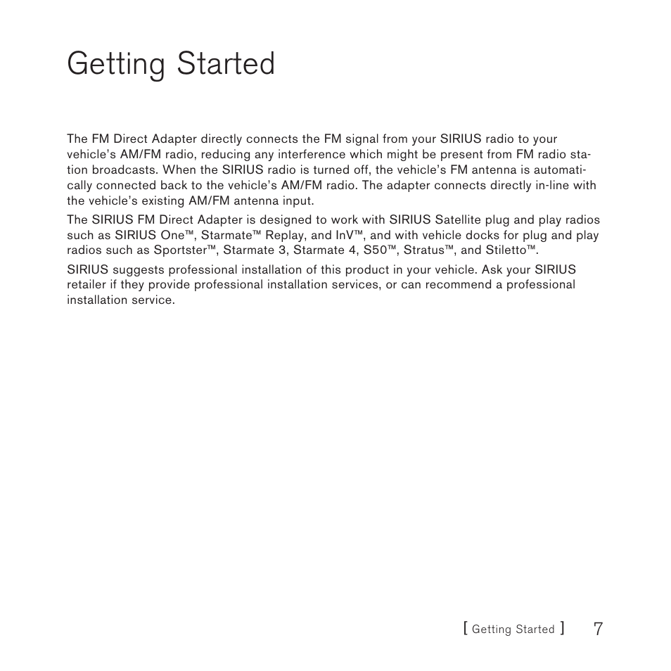 Getting started | Sirius Satellite Radio FMDA25 User Manual | Page 7 / 12